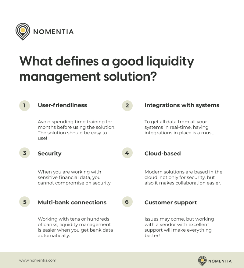 overview of good characteristics of a liquidity management solution